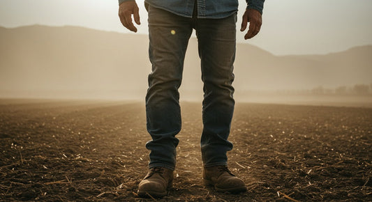 Man with work boots on standing in field with dust behind him